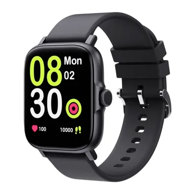 A smartwatch with a black band displays the time (08:30), day (Monday), date (02), heart rate (100 bpm), and steps (10,000).