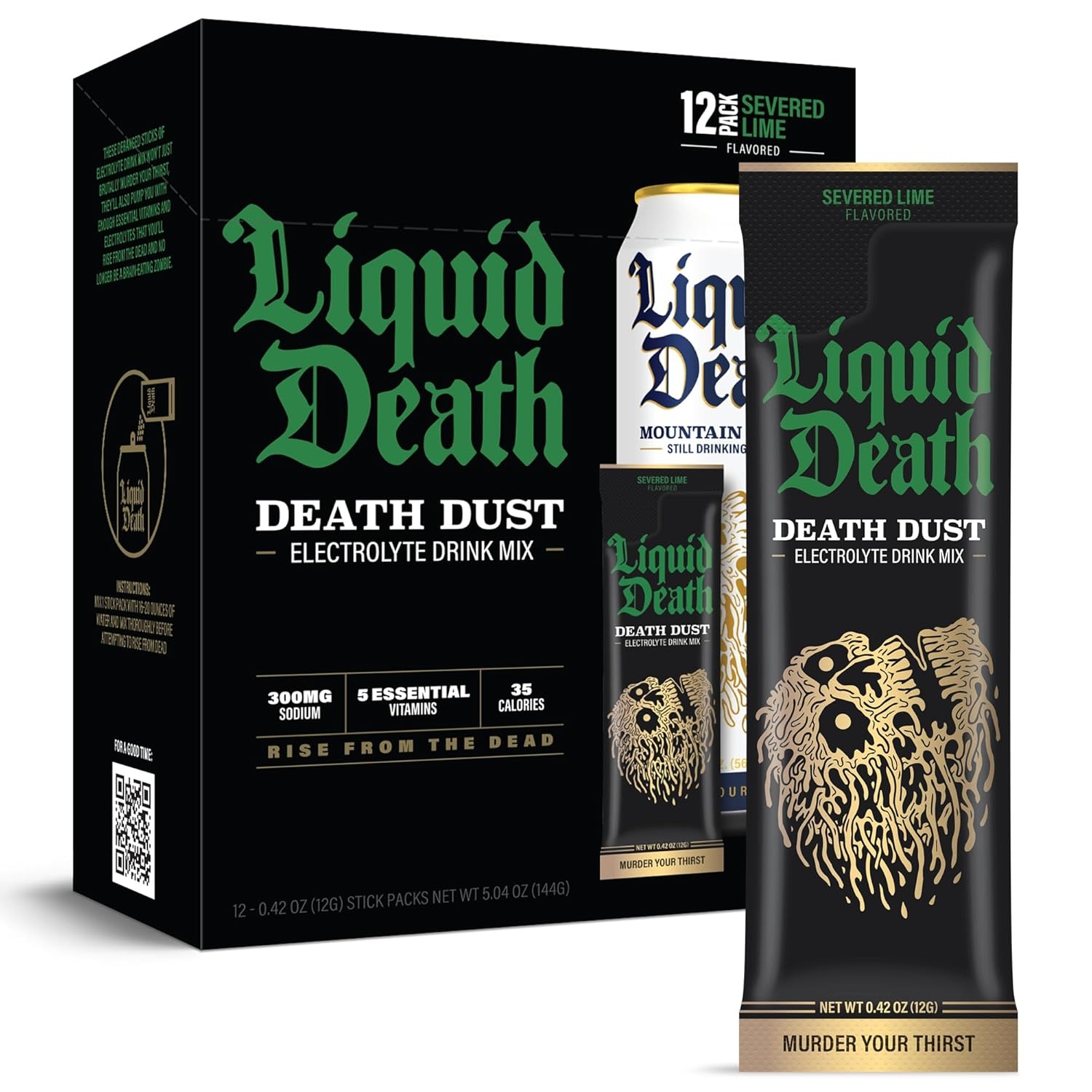 Liquid Death Death Dust Electrolyte Drink Mix in \“Severed Lime\“ flavor, featuring 12 packs of 0.42 oz each. Contains 300mg sodium, 5 essential vitamins, and 35 calories. Packaging promotes the slogan \“Murder Your Thirst.\“