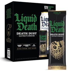 Liquid Death Death Dust Electrolyte Drink Mix in \“Severed Lime\“ flavor, featuring 12 packs of 0.42 oz each. Contains 300mg sodium, 5 essential vitamins, and 35 calories. Packaging promotes the slogan \“Murder Your Thirst.\“