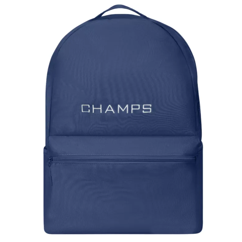 A navy blue backpack with \“CHAMPS\“ printed in white lettering on the front pocket.