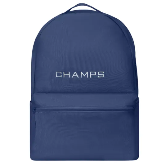 A navy blue backpack with \“CHAMPS\“ printed in white lettering on the front pocket.