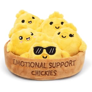 A plush toy set featuring four yellow chickies with different expressions, including one wearing sunglasses, all sitting in a round base labeled \“EMOTIONAL SUPPORT CHICKIES.\“