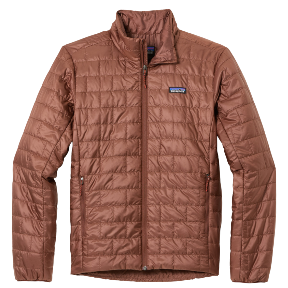Brown quilted jacket with a front zipper and two zippered side pockets, featuring a small logo patch on the chest.