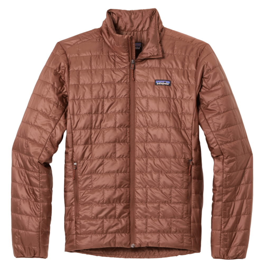 Brown quilted jacket with a front zipper and two zippered side pockets, featuring a small logo patch on the chest.
