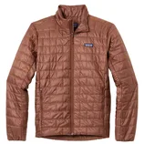 Brown quilted jacket with a front zipper and two zippered side pockets, featuring a small logo patch on the chest.