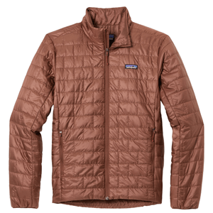 Brown quilted jacket with a front zipper and two zippered side pockets, featuring a small logo patch on the chest.