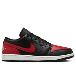 Nike Men's Air Jordan 1 Low Shoes feature a black and red leather upper with a red Nike Swoosh, a white midsole, and black outsole, offering a classic and iconic sneaker style.