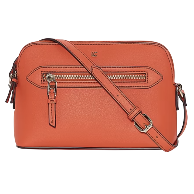 An orange crossbody bag with a front zipper pocket and adjustable strap, featuring minimalist metallic details.