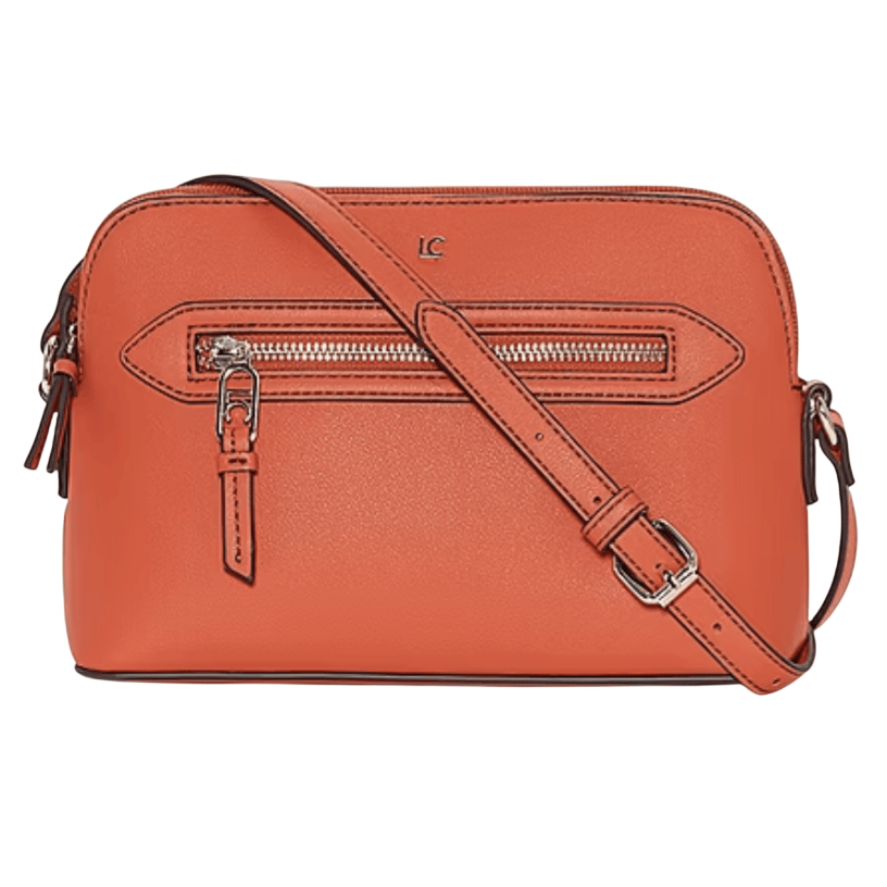 An orange crossbody bag with a front zipper pocket and adjustable strap, featuring minimalist metallic details.
