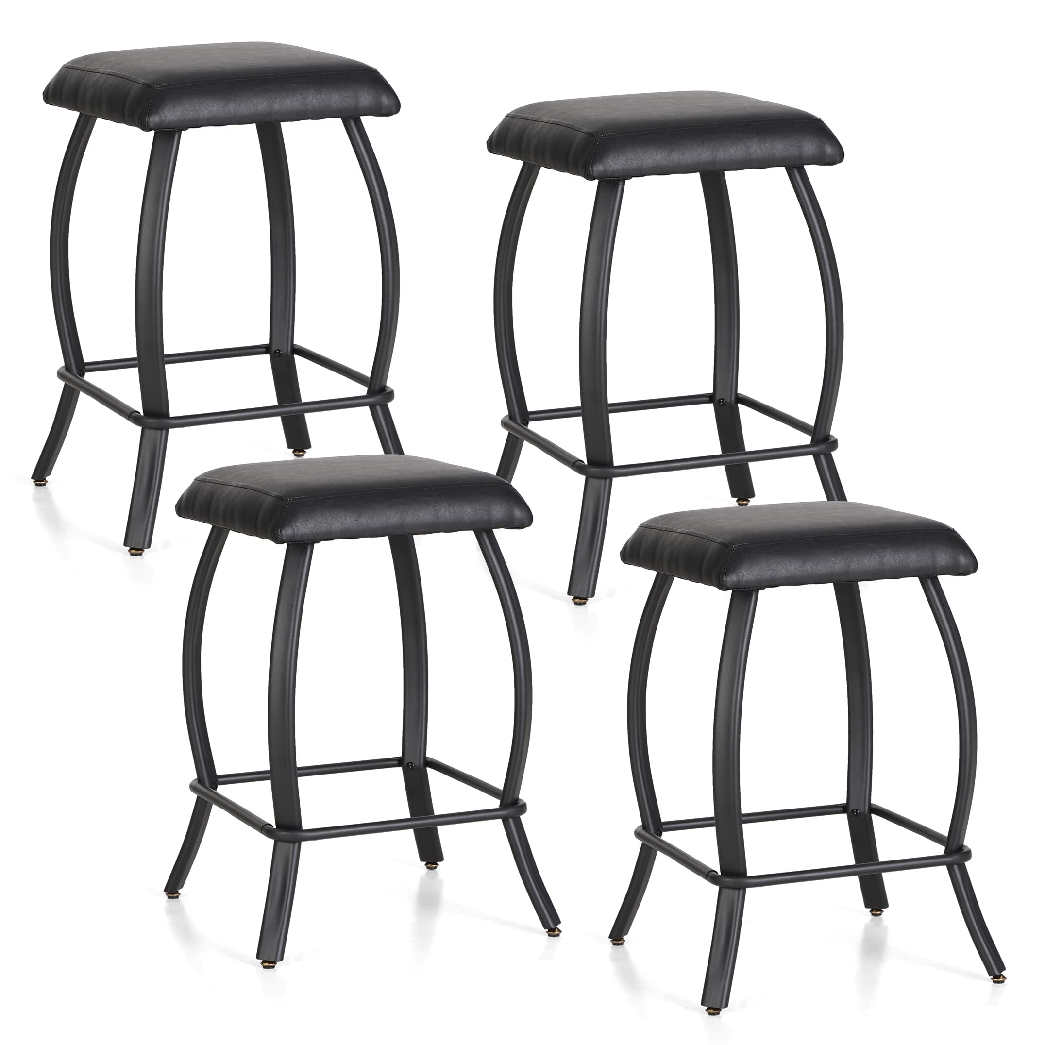 Four faux-leather black barstools with curved metal legs and footrests.