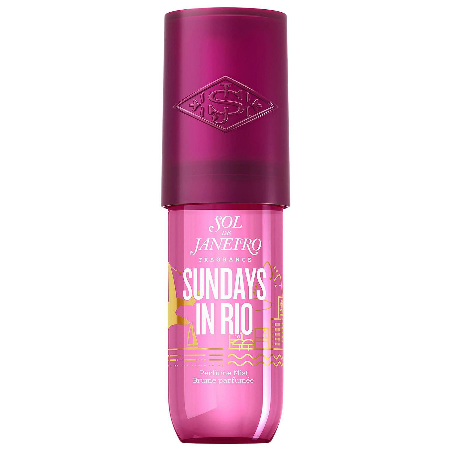 Sol de Janeiro Sundays in Rio Perfume Mist in a pink bottle with a dark pink cap, featuring yellow skyline graphics and text.