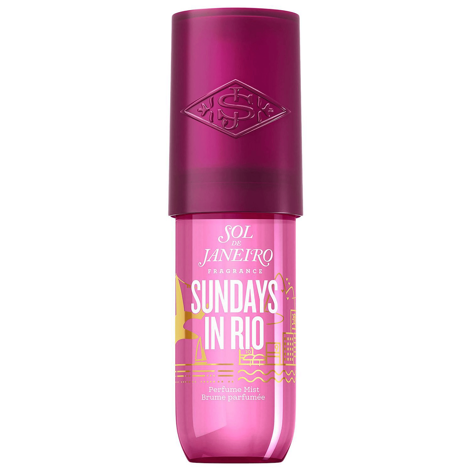 Sol de Janeiro Sundays in Rio Perfume Mist in a pink bottle with a dark pink cap, featuring yellow skyline graphics and text.