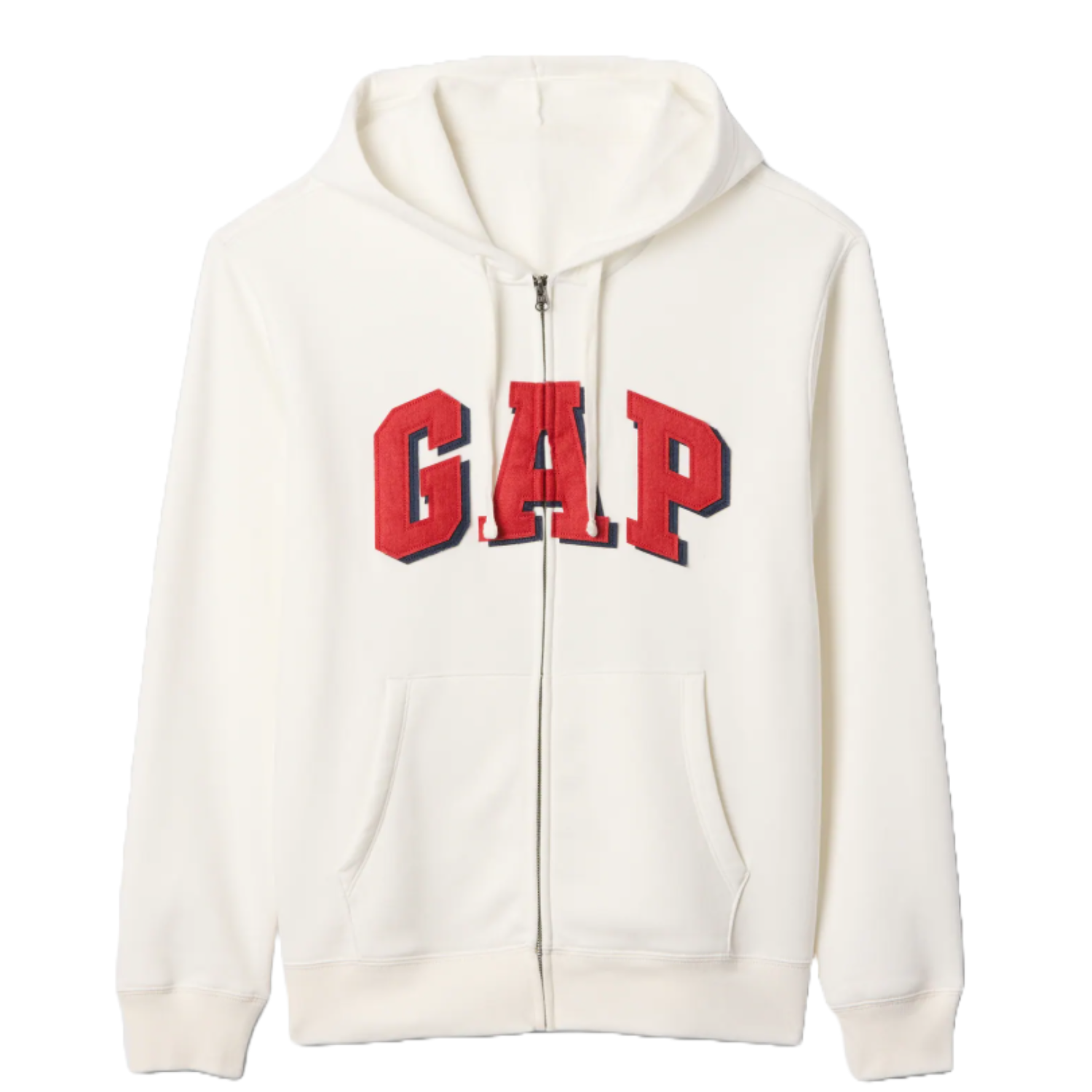 A white hoodie with a front zipper and \“GAP\“ in bold red letters on the chest. It features a hood and front pockets.