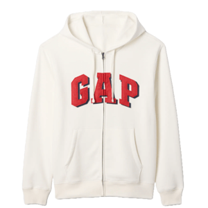 A white hoodie with a front zipper and \“GAP\“ in bold red letters on the chest. It features a hood and front pockets.