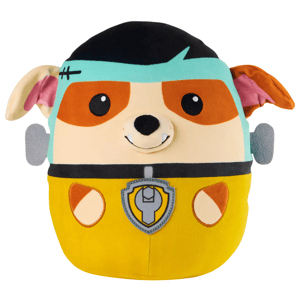 A colorful plush toy shaped like a stylized dog, featuring brown spots, a blue cap, and a yellow outfit with a tool emblem on the front.