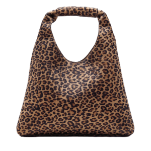 A leopard print handbag with a single handle, featuring a soft and flexible design.