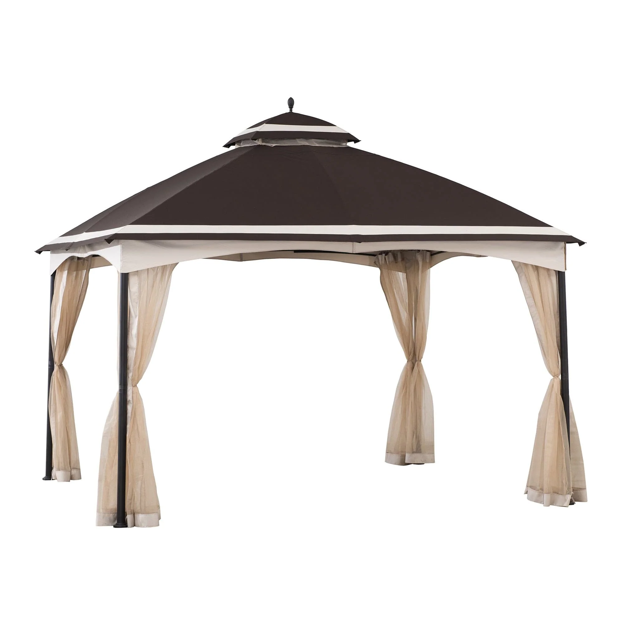 This is a gazebo with a two-tone color scheme, featuring a dark top canopy and light-colored, draped side curtains. The structure is hexagonal and measures 10' x 13'.