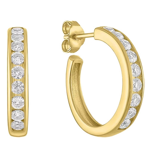 Gold hoop earrings with a row of embedded round diamonds, featuring a stud back closure.