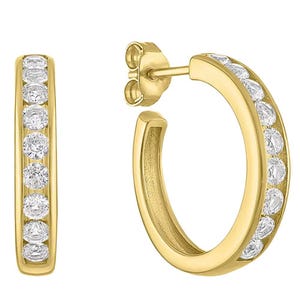 Gold hoop earrings with a row of embedded round diamonds, featuring a stud back closure.