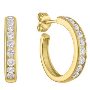 Gold hoop earrings with a row of embedded round diamonds, featuring a stud back closure.