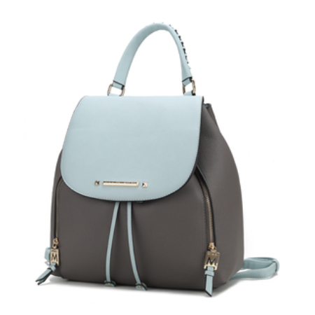 A stylish two-tone backpack features a light blue flap and handle with a dark gray body, accented by gold-tone hardware and matching blue drawstrings.