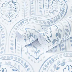 Blue and white paisley-patterned wallpaper with a swirling leaf design, featuring a textured appearance.