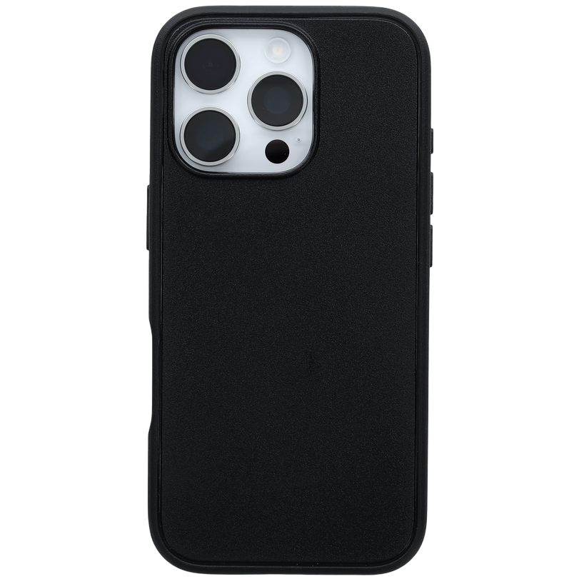 A black textured smartphone case fitted on a phone with a triple camera setup, featuring rounded corners and side button cutouts.