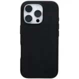 A black textured smartphone case fitted on a phone with a triple camera setup, featuring rounded corners and side button cutouts.