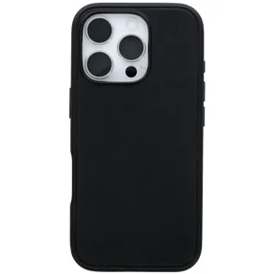 A black textured smartphone case fitted on a phone with a triple camera setup, featuring rounded corners and side button cutouts.