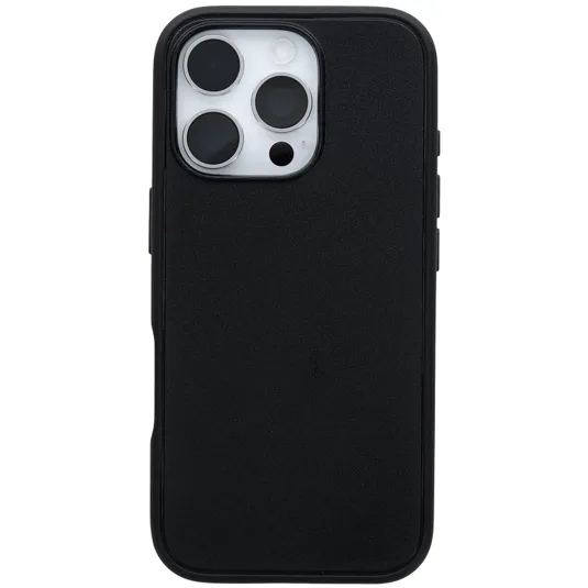 A black textured smartphone case fitted on a phone with a triple camera setup, featuring rounded corners and side button cutouts.
