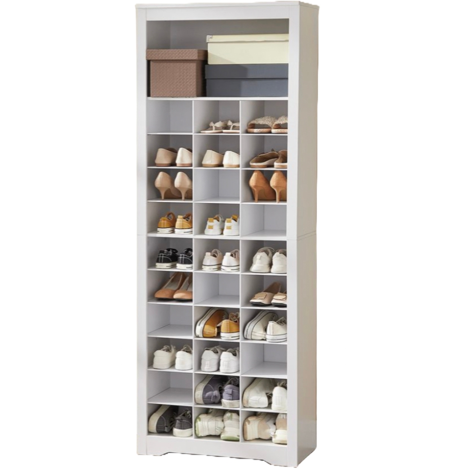 White shoe organizer with various footwear and storage boxes.