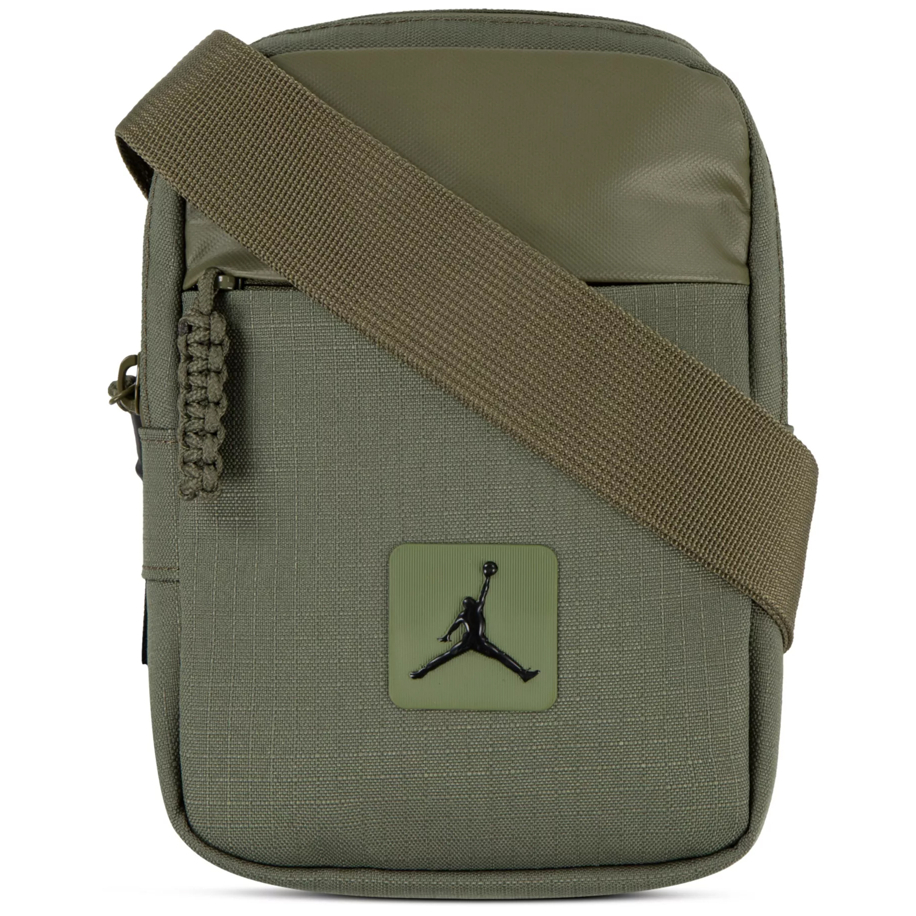 A compact green crossbody bag featuring a textured design, adjustable strap, and iconic Jumpman logo on the front.