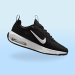 Black athletic shoe with a white swoosh logo and visible air cushioning in the sole, designed for comfort and style.