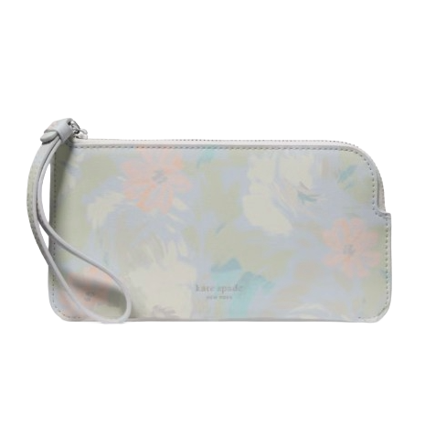 A floral-patterned wristlet from Kate Spade New York featuring a soft color palette and a zip closure.