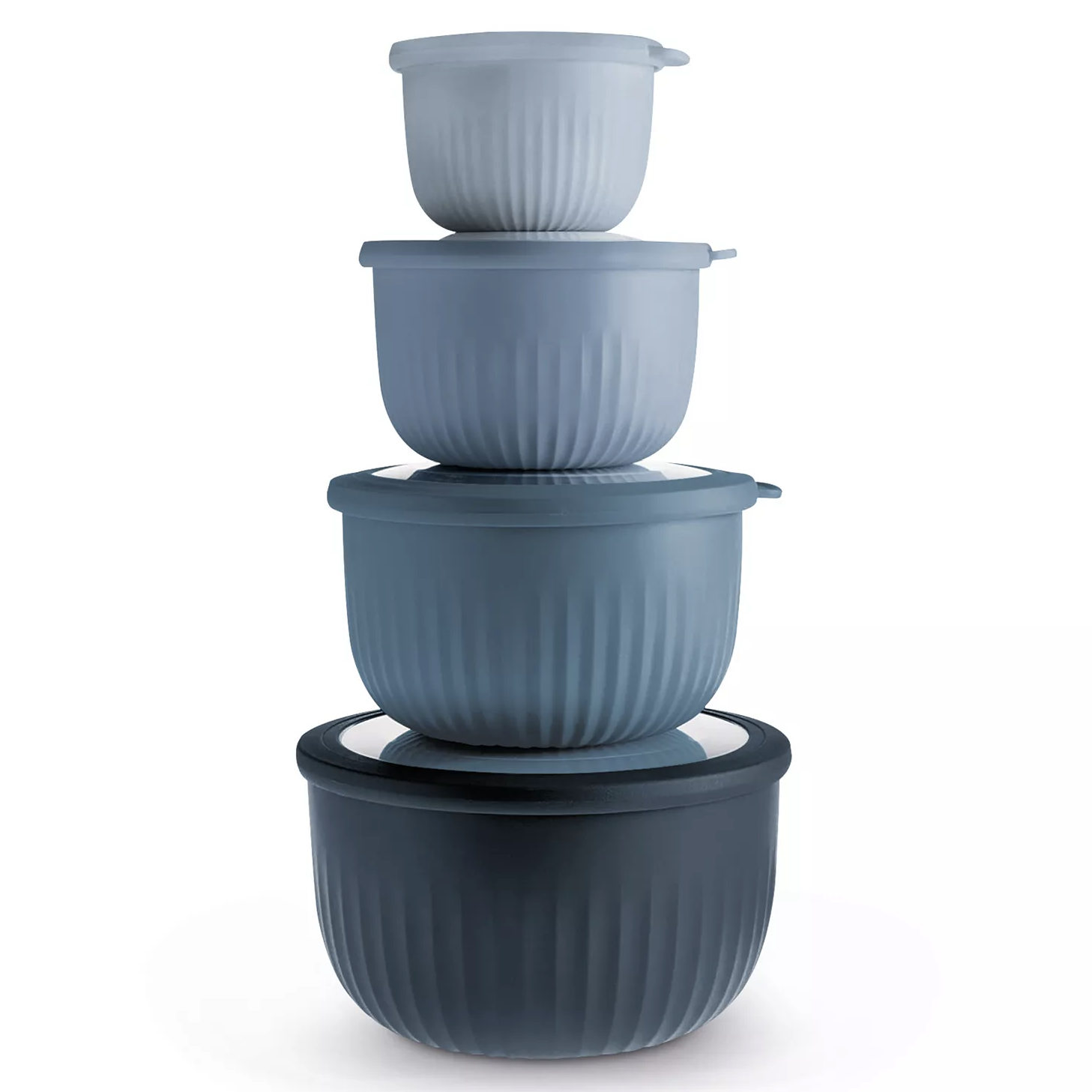 Four nested, round, textured containers in varying shades of blue, each with a matching lid, stacked vertically.