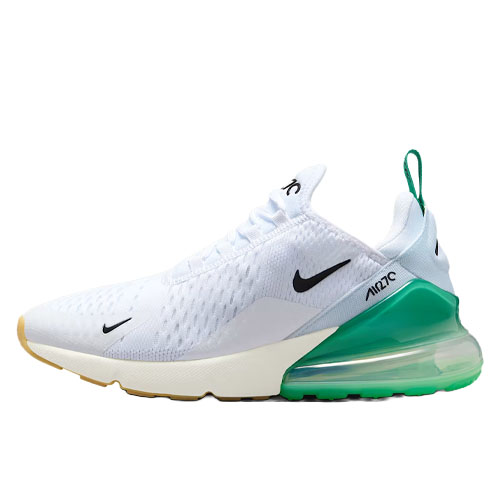 A white athletic shoe featuring a green translucent air cushion in the heel, a black swoosh logo, and a green heel tab for easy wear.