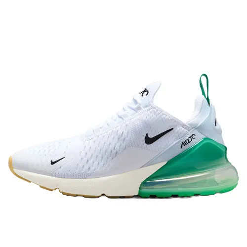 A white athletic shoe featuring a green translucent air cushion in the heel, a black swoosh logo, and a green heel tab for easy wear.