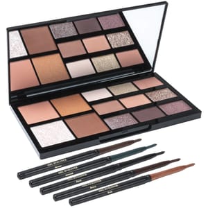 The Laura Geller Gel Eyeliner set includes four colors: Brown, Black, Emerald, and Gold, accompanied by a multi-tonal eyeshadow palette with matte and shimmery shades in neutral and warm tones.