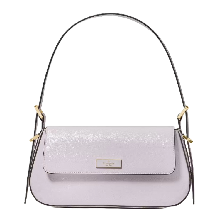 A light purple shoulder bag with gold hardware accents and a curved design. The bag features a flap closure and a structured handle.