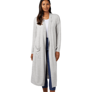 A long, light gray open-front cardigan with two front pockets, featuring full-length sleeves. Worn over a white top and navy pants, the wrap offers a casual and comfortable look.