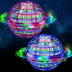 Colorful LED hover balls with protective cages, featuring multicolored lights and designed for aerial play against a cosmic background.