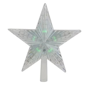 A star-shaped Christmas tree topper with a textured, clear surface and subtle green LED lights.
