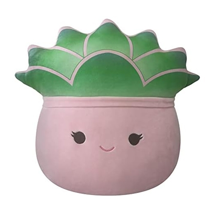 This is a plush toy designed to resemble a succulent plant, with a green crown resembling leaves on top of a round, pink base with a smiling face.