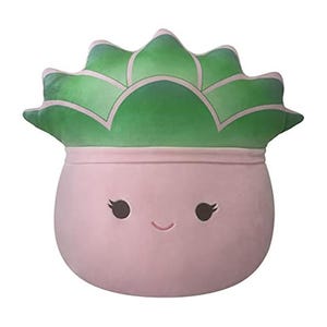 This is a plush toy designed to resemble a succulent plant, with a green crown resembling leaves on top of a round, pink base with a smiling face.