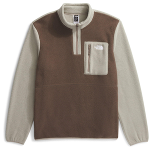 The North Face Men's Yumiori Fleece is a pullover with a half-zip design, featuring a brown and light gray color block pattern and a zippered chest pocket.