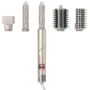 The Shark FlexStyle Hair System includes a versatile hair styling tool with five attachments: two curling barrels, an oval brush, a paddle brush, and a concentrator nozzle.