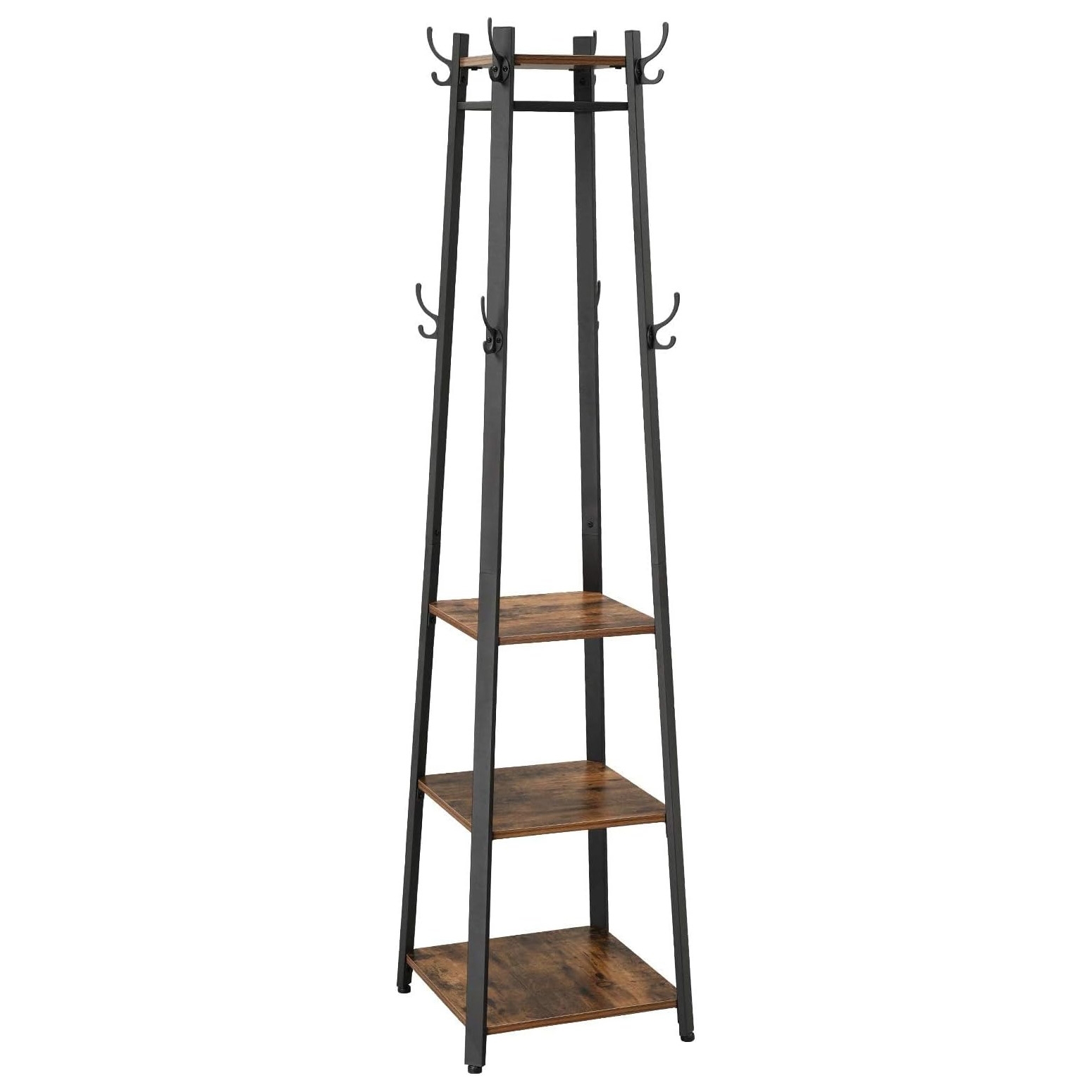 A freestanding rack with a black metal frame features three wooden shelves and multiple coat hooks at the top.