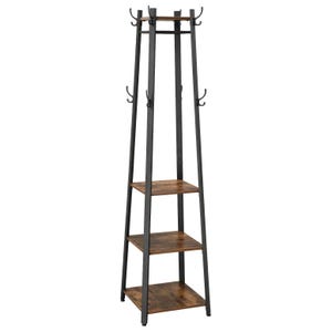 A freestanding rack with a black metal frame features three wooden shelves and multiple coat hooks at the top.