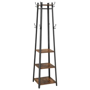 A freestanding rack with a black metal frame features three wooden shelves and multiple coat hooks at the top.