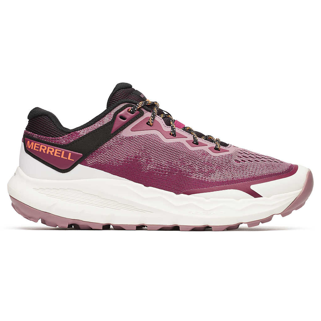 Merrell running shoe in shades of pink and black with a white sole and orange branding.